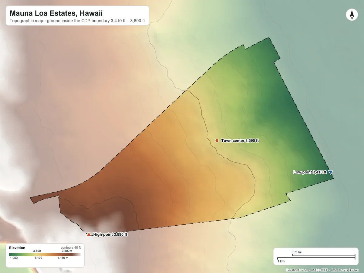 Topographic elevation map of Mauna Loa Estates, Hawaii, shaded from 3,410 ft on the east side to 3,890 ft on the southwest side