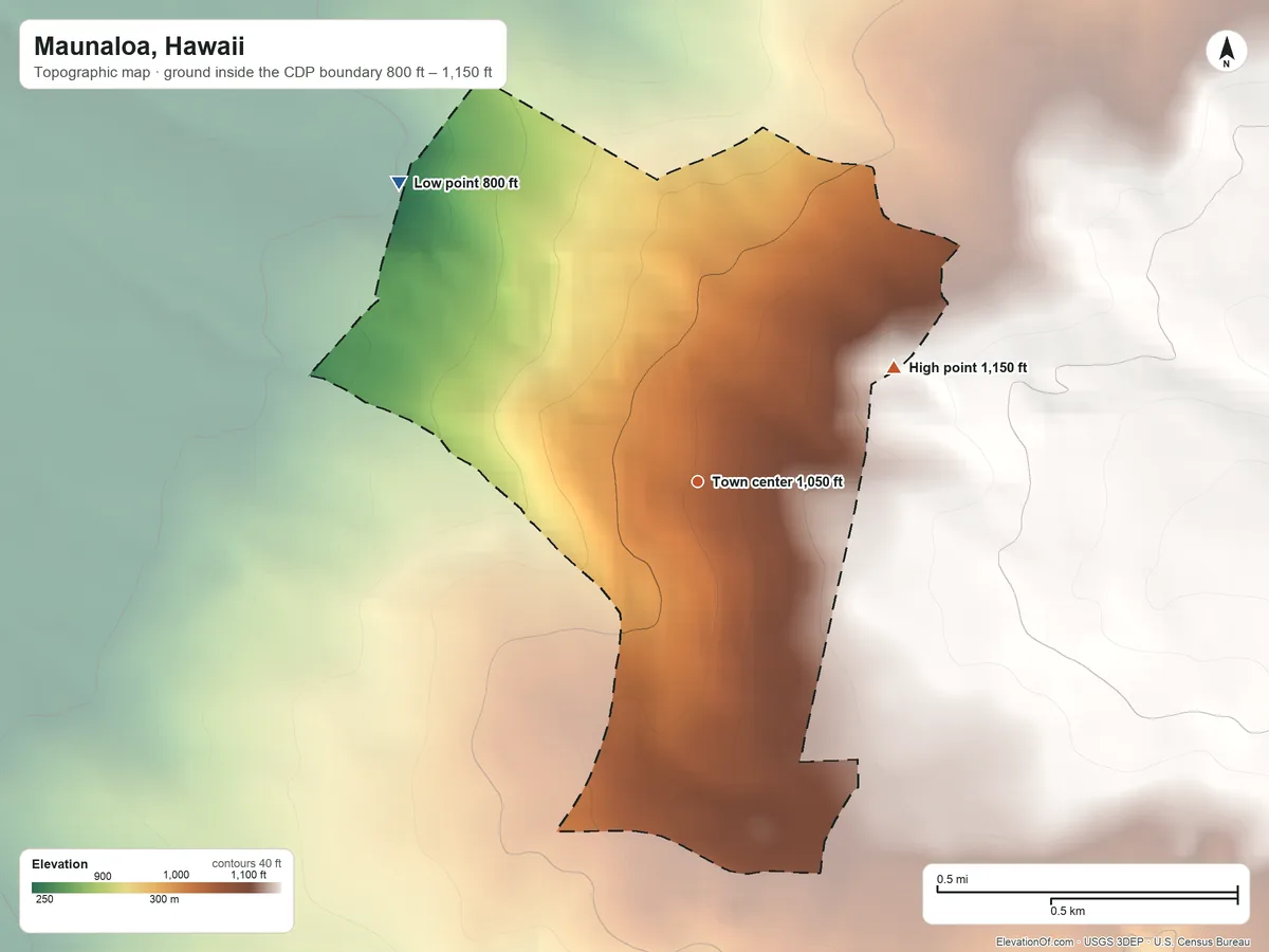 Topographic elevation map of Maunaloa, Hawaii, shaded from 800 ft on the northwest side to 1,150 ft on the northeast side