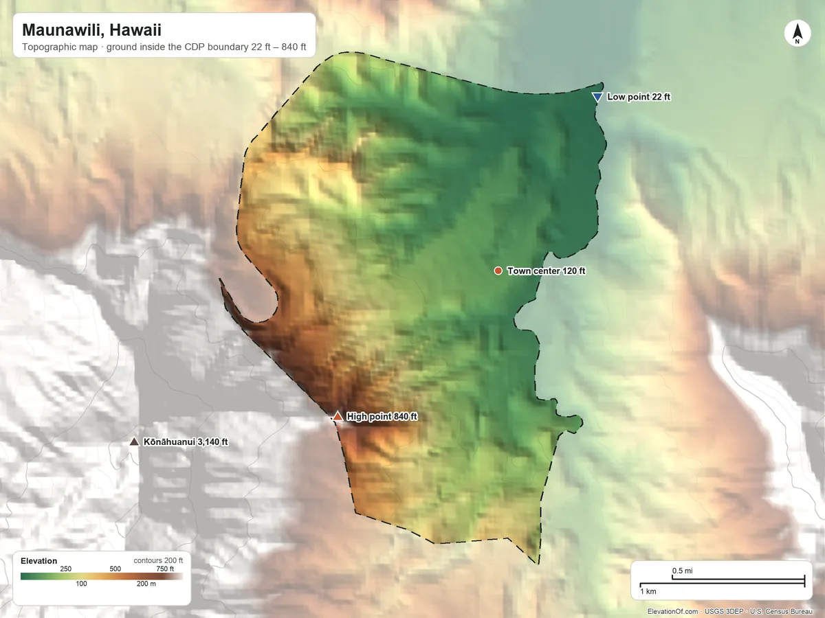 Topographic elevation map of Maunawili, Hawaii, shaded from 22 ft on the northeast side to 840 ft at the foot of the Koʻolau Range