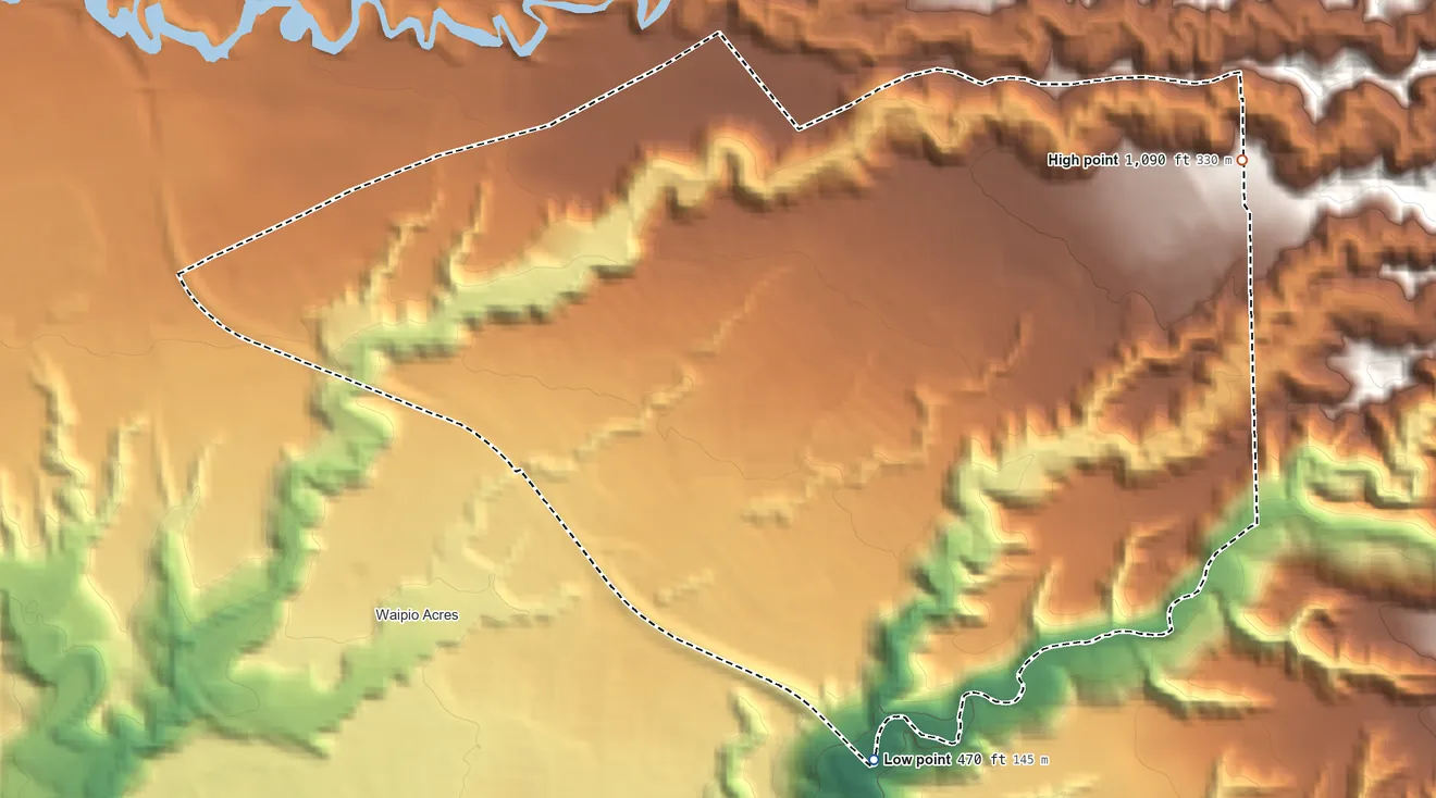 Topographic elevation map of Mililani Mauka, Hawaii, shaded from 470 ft on the south side to 1,090 ft at the foot of the Waiʻanae Range