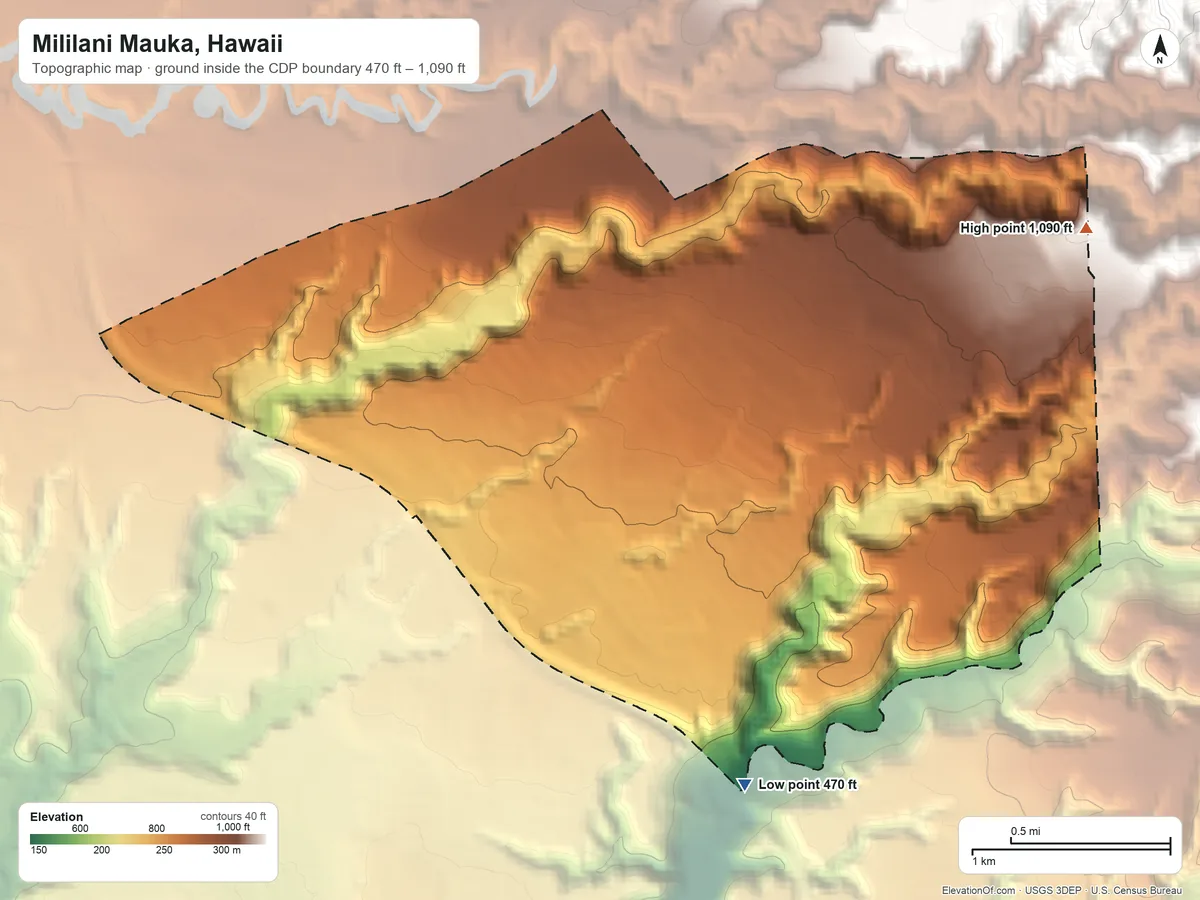 Topographic elevation map of Mililani Mauka, Hawaii, shaded from 470 ft on the south side to 1,090 ft at the foot of the Waiʻanae Range