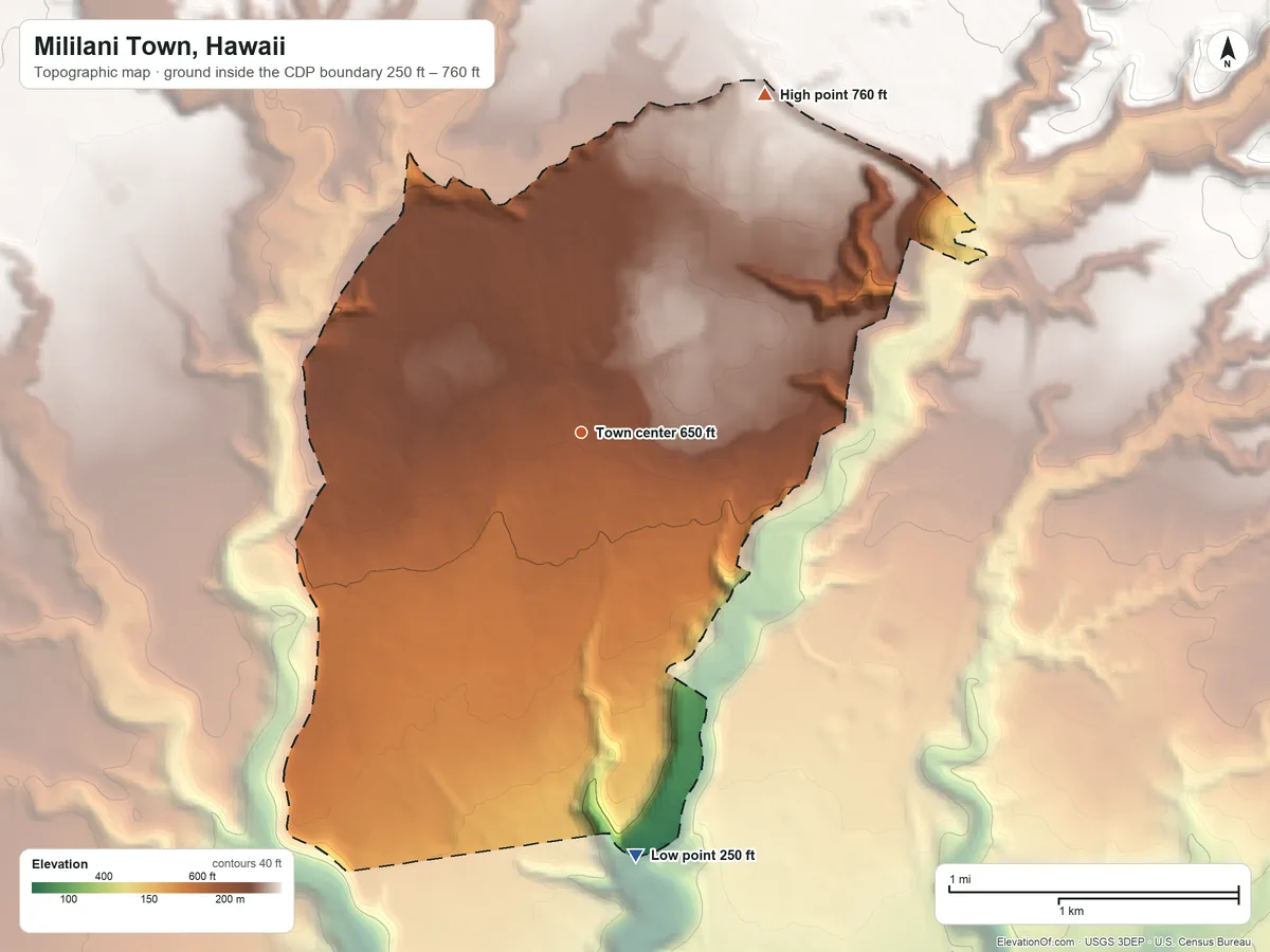 Topographic elevation map of Mililani Town, Hawaii, shaded from 250 ft on the south side to 760 ft on the northeast side