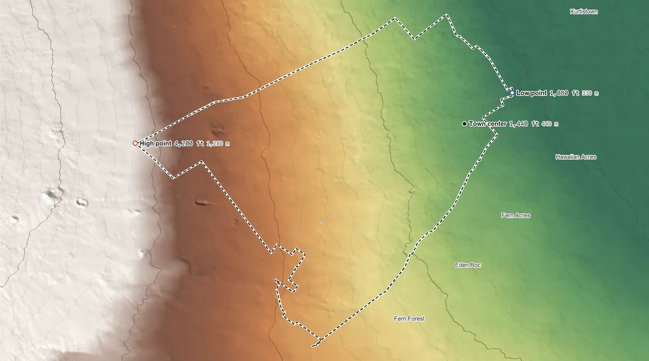Topographic elevation map of Mountain View, Hawaii, shaded from 1,080 ft on the northeast side to 4,200 ft on the west edge, below higher ground just outside