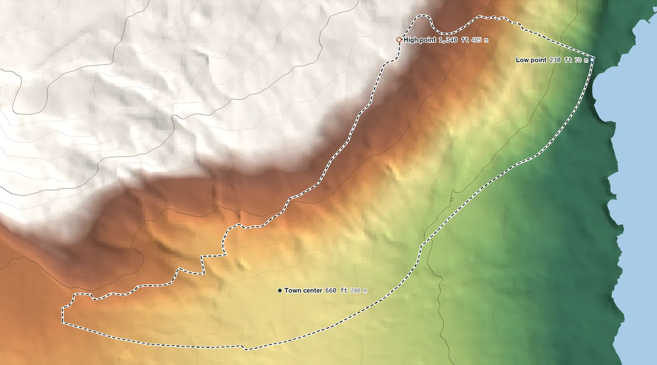 Topographic elevation map of Naalehu, Hawaii, shaded from 230 ft on the northeast side to 1,340 ft on the northeast edge, below higher ground just outside