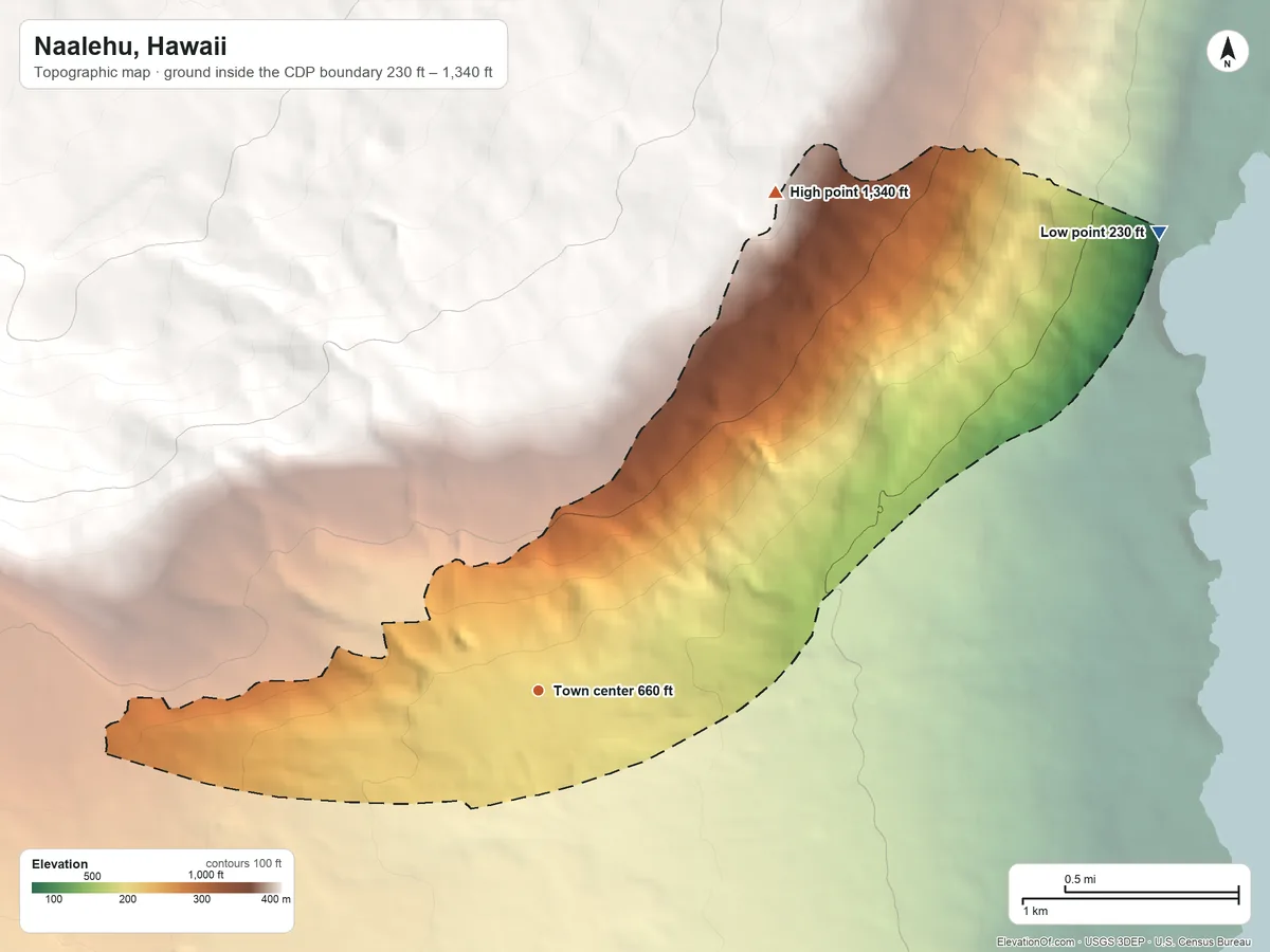 Topographic elevation map of Naalehu, Hawaii, shaded from 230 ft on the northeast side to 1,340 ft on the northeast edge, below higher ground just outside