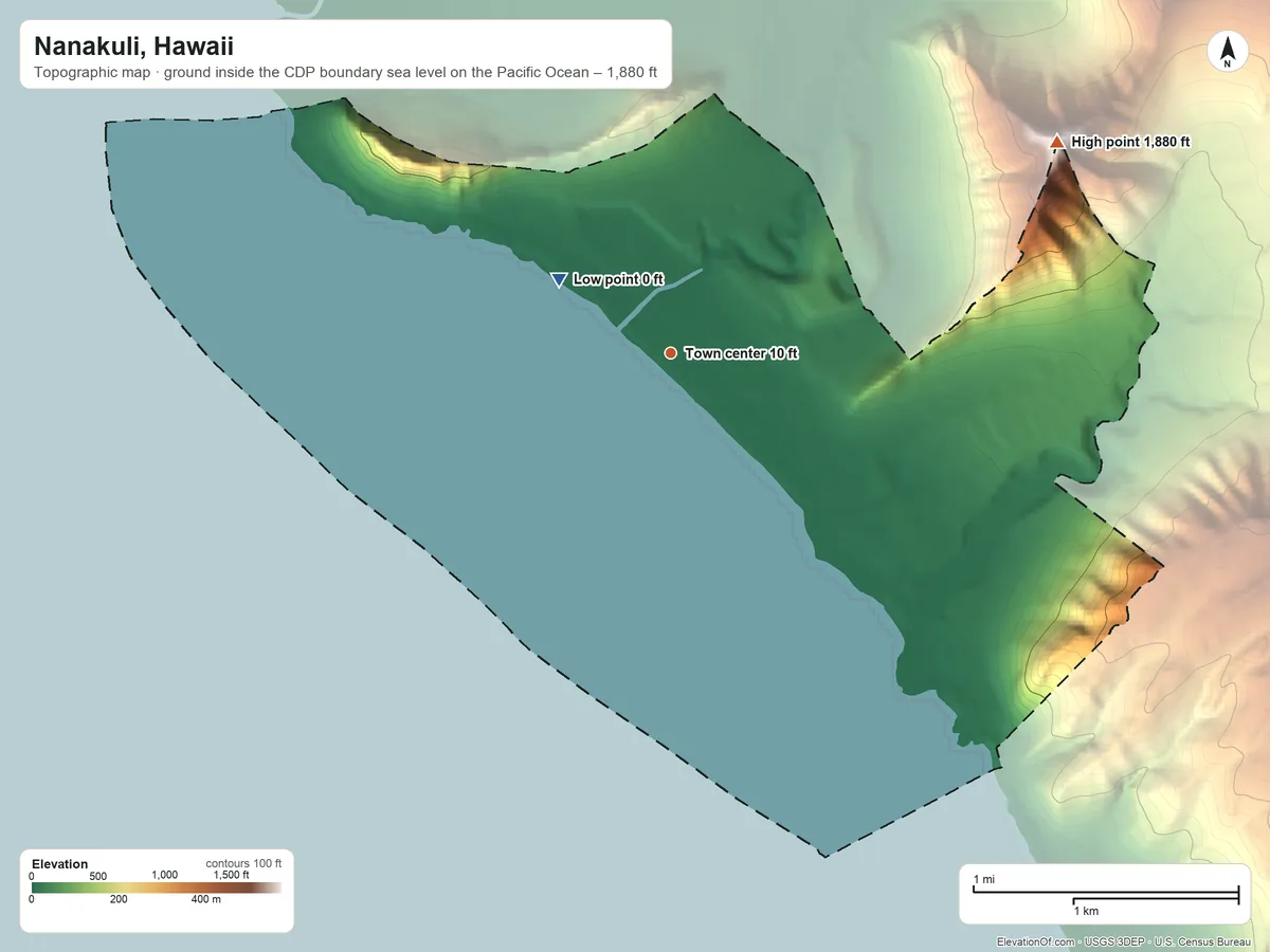 Topographic elevation map of Nanakuli, Hawaii, shaded from sea level level on the Pacific Ocean to 1,880 ft on Puʻuheleakalā