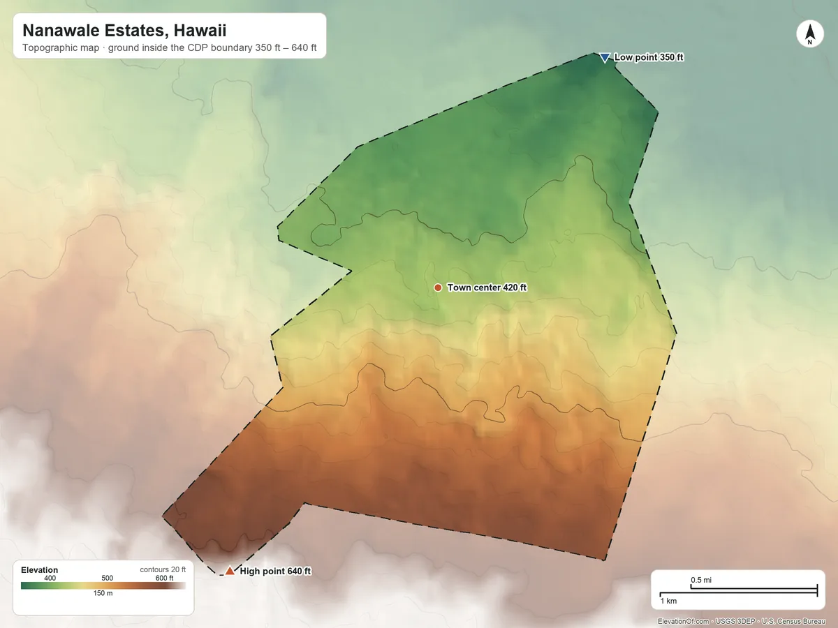 Topographic elevation map of Nanawale Estates, Hawaii, shaded from 350 ft on the northeast side to 640 ft on the southwest side