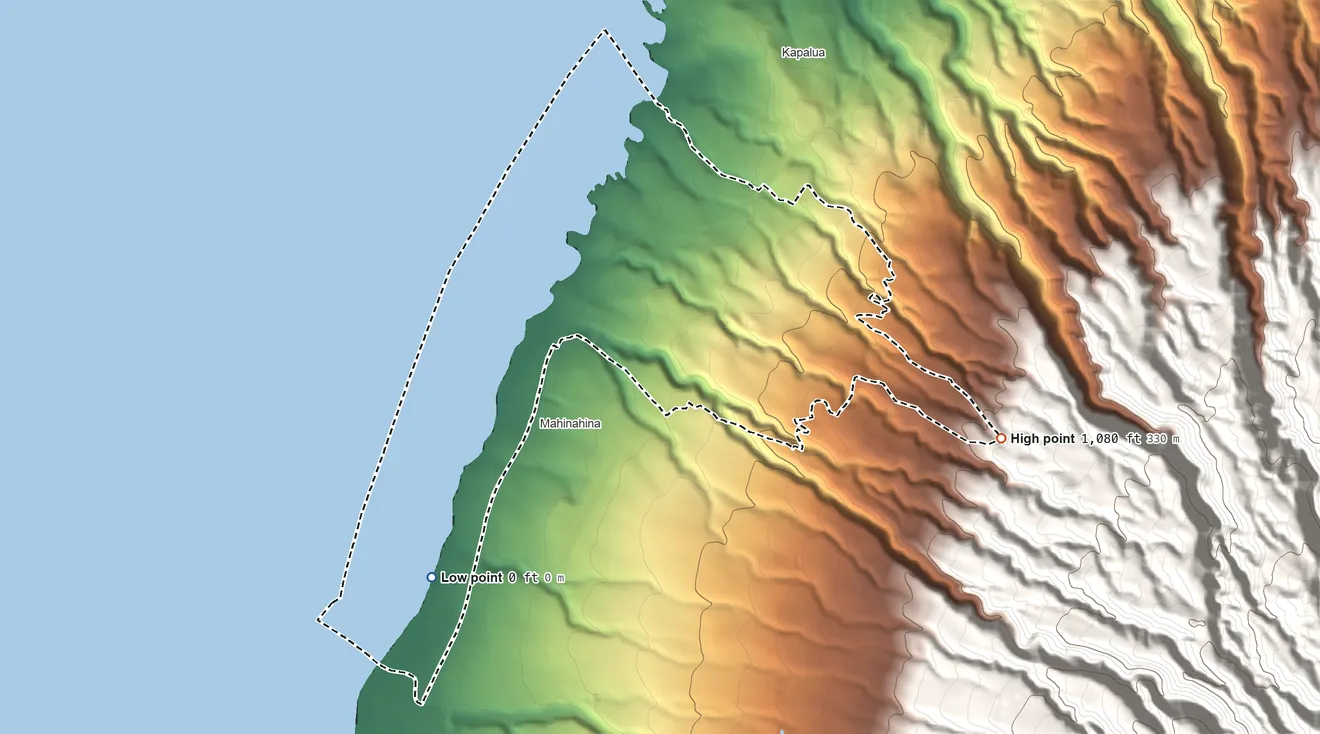 Topographic elevation map of Napili-Honokowai, Hawaii, shaded from sea level level on the Pacific Ocean to 1,080 ft on the east edge, below higher ground just outside