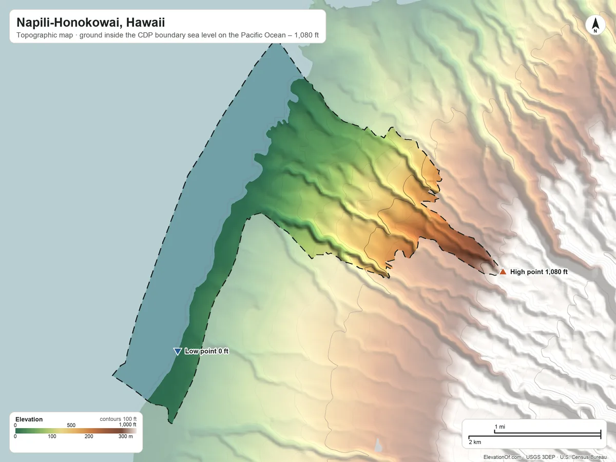 Topographic elevation map of Napili-Honokowai, Hawaii, shaded from sea level level on the Pacific Ocean to 1,080 ft on the east edge, below higher ground just outside