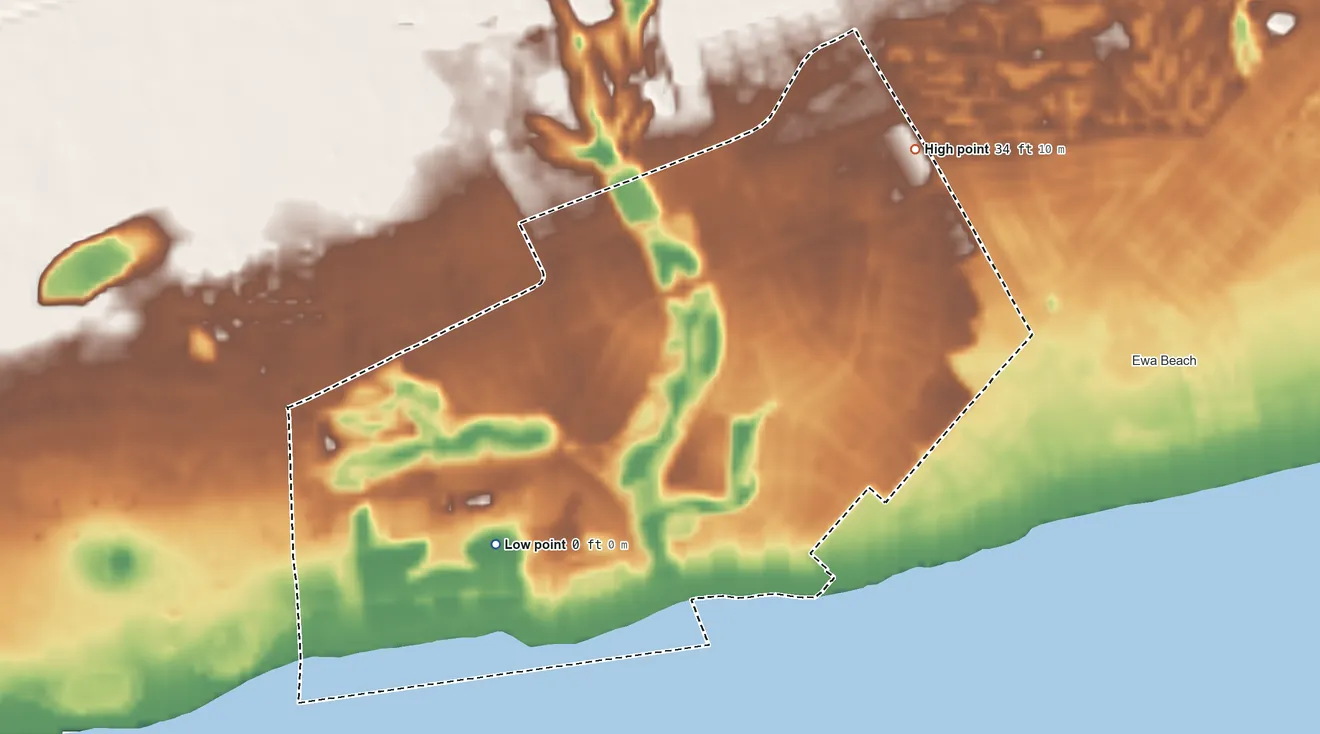 Topographic elevation map of Ocean Pointe, Hawaii, shaded from sea level level on Mamala Bay to 34 ft on the northeast side