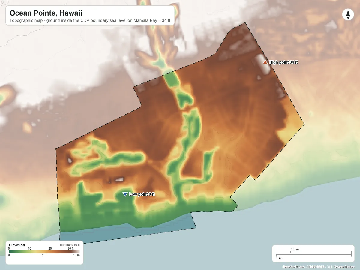 Topographic elevation map of Ocean Pointe, Hawaii, shaded from sea level level on Mamala Bay to 34 ft on the northeast side