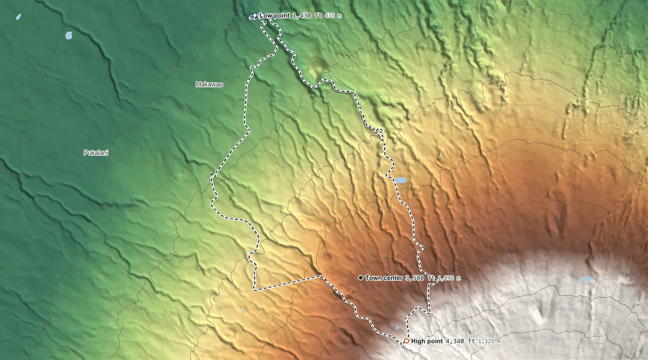 Topographic elevation map of Olinda, Hawaii, shaded from 1,430 ft on the north side to 4,340 ft at the foot of the Lualaʻilua Hills