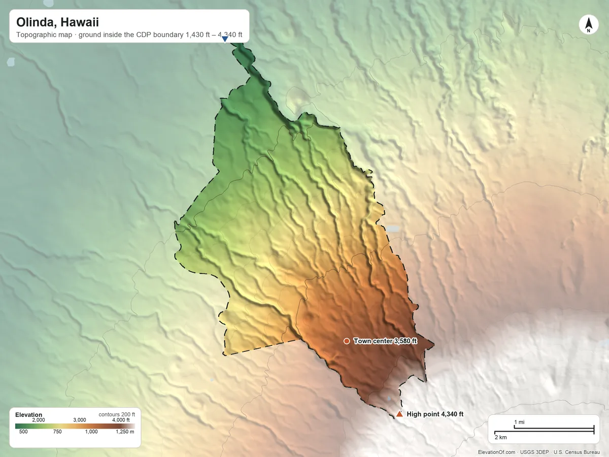 Topographic elevation map of Olinda, Hawaii, shaded from 1,430 ft on the north side to 4,340 ft at the foot of the Lualaʻilua Hills