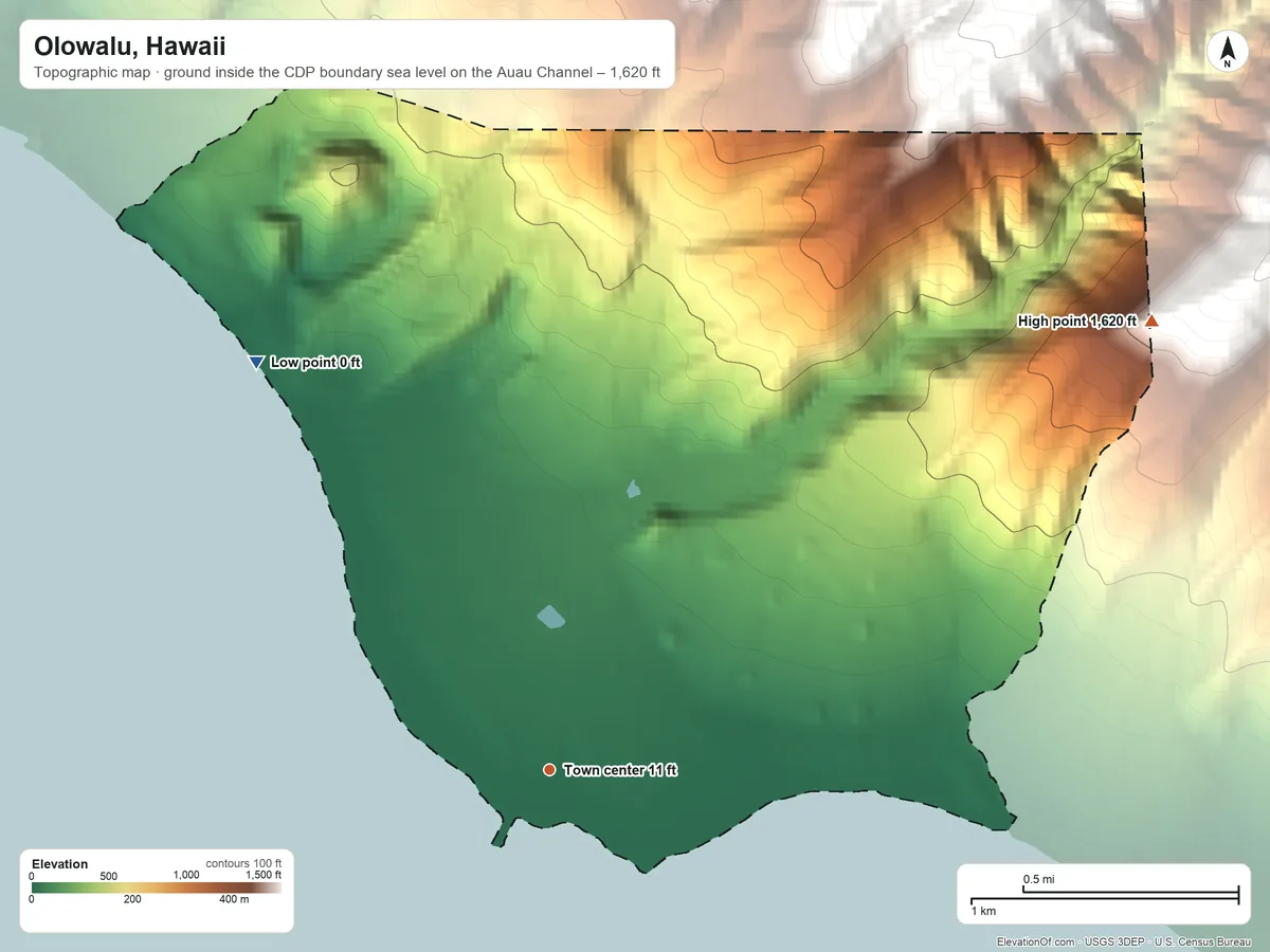 Topographic elevation map of Olowalu, Hawaii, shaded from sea level level on the Auau Channel to 1,620 ft on the northeast edge, below higher ground just outside