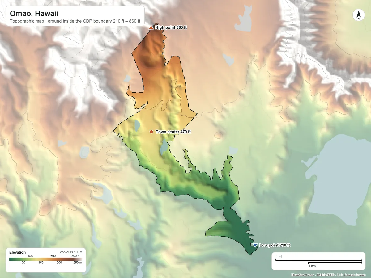 Topographic elevation map of Omao, Hawaii, shaded from 210 ft on the southeast side to 860 ft at the foot of the Makaleha Mountains