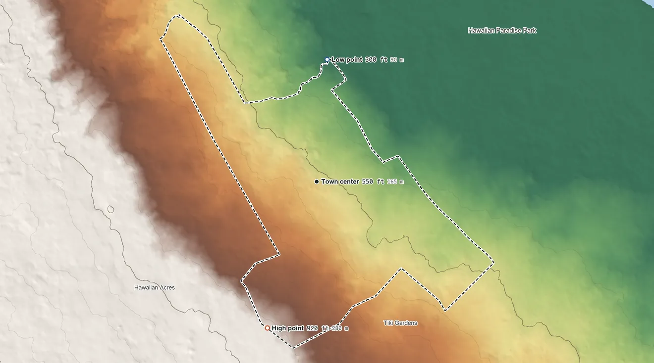 Topographic elevation map of Orchidlands Estates, Hawaii, shaded from 300 ft on the north side to 920 ft on the south side