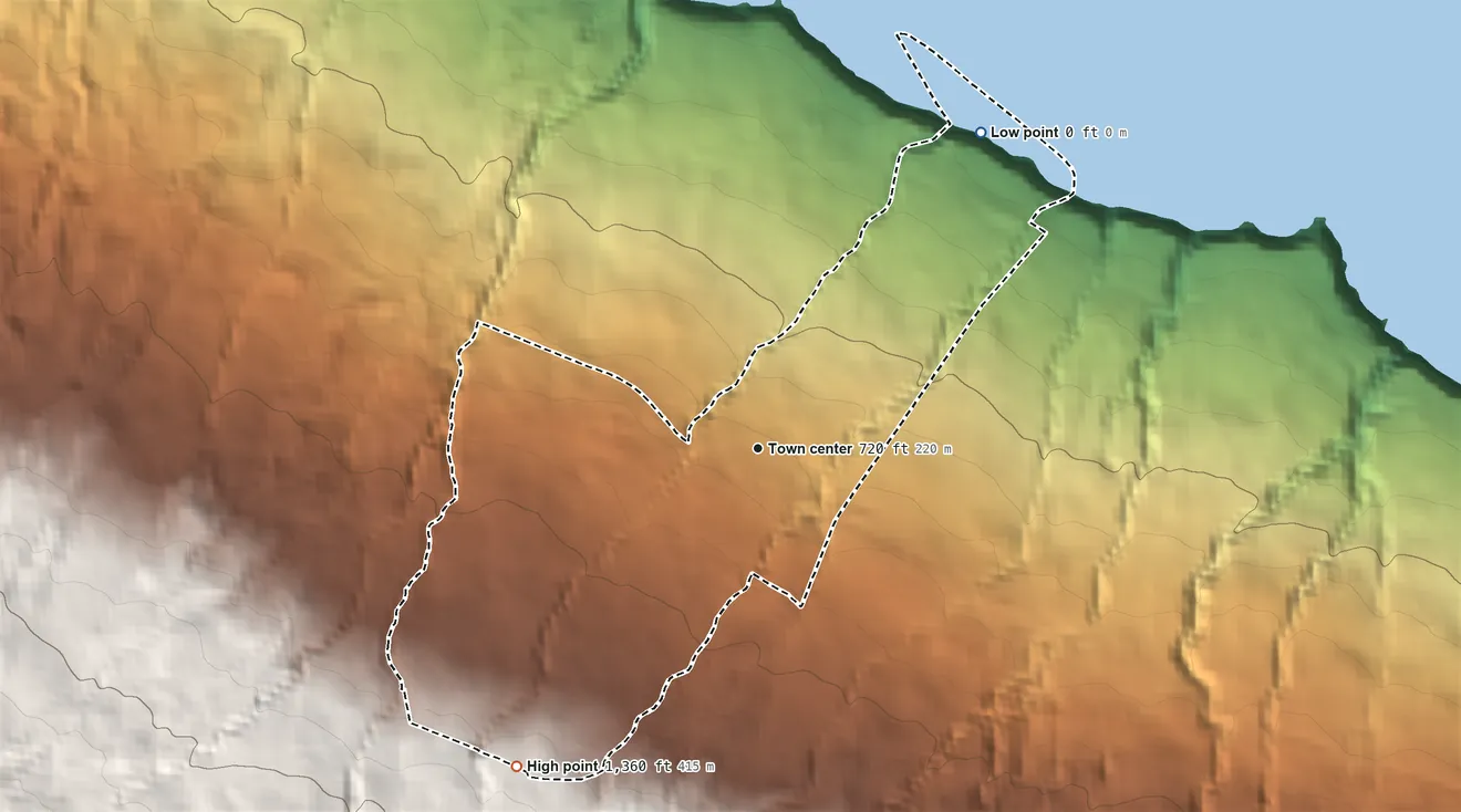 Topographic elevation map of Paauilo, Hawaii, shaded from sea level level on the Pacific Ocean to 1,360 ft on the southwest edge, below higher ground just outside