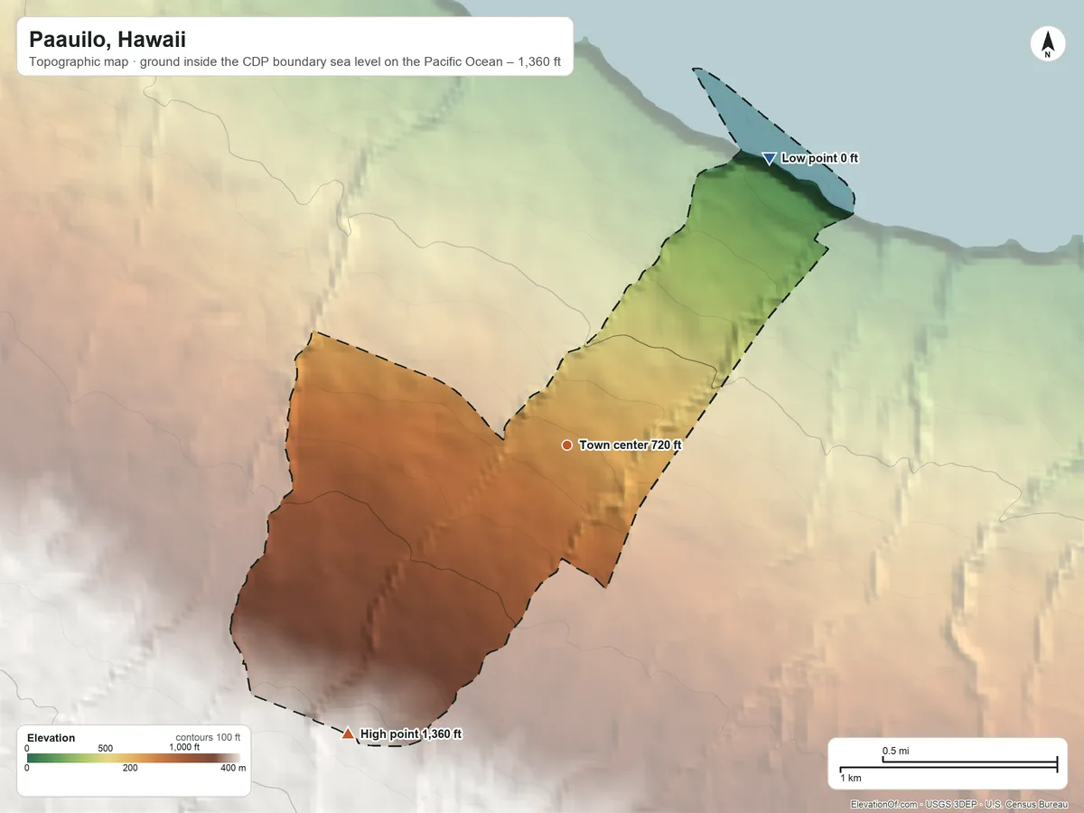 Topographic elevation map of Paauilo, Hawaii, shaded from sea level level on the Pacific Ocean to 1,360 ft on the southwest edge, below higher ground just outside