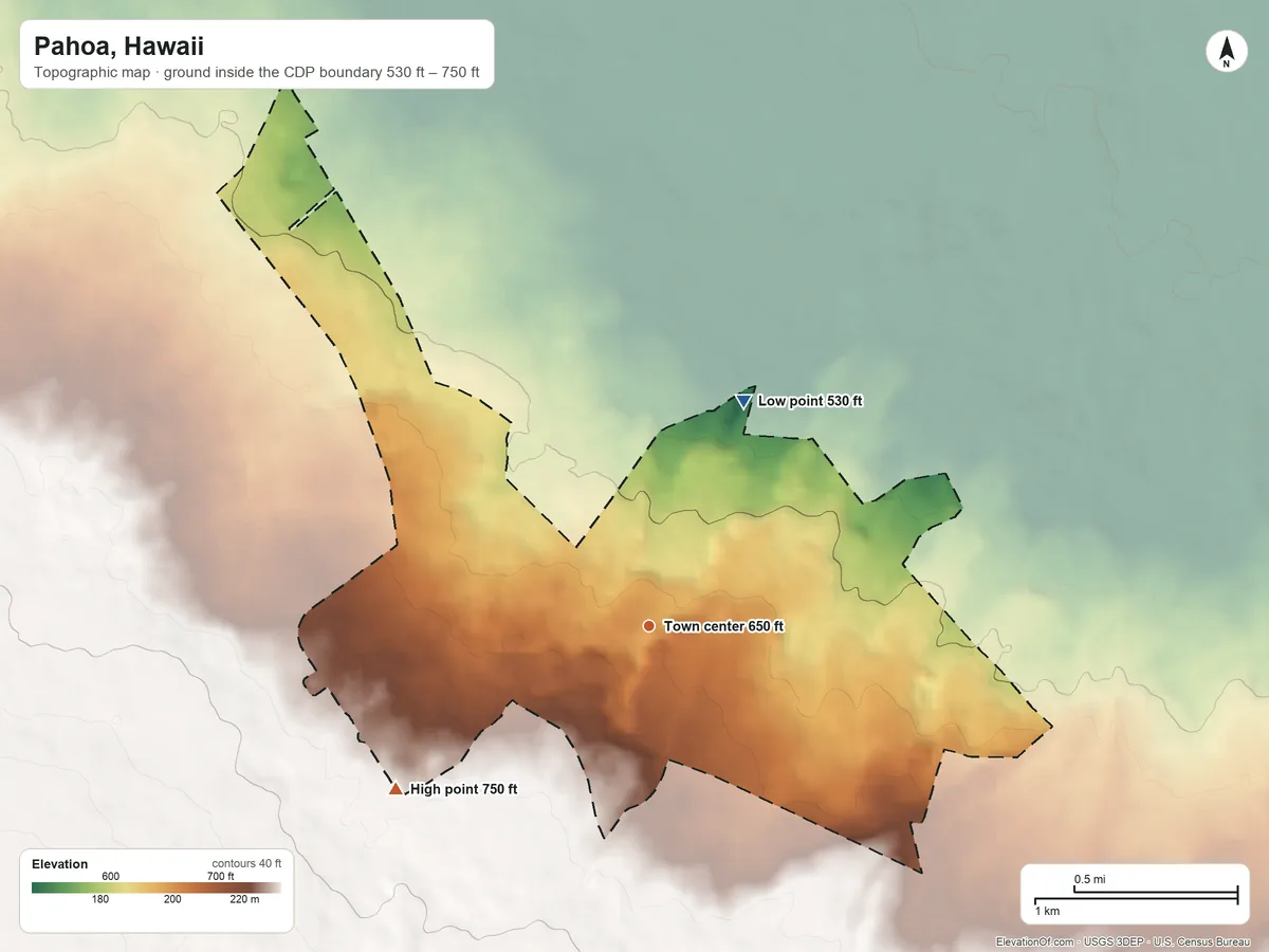 Topographic elevation map of Pahoa, Hawaii, shaded from 530 ft on the northeast side to 750 ft on the southwest edge, below higher ground just outside