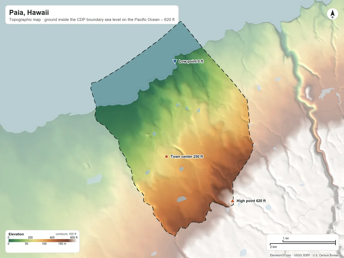 Topographic elevation map of Paia, Hawaii, shaded from sea level level on the Pacific Ocean to 620 ft on the southeast edge, below higher ground just outside