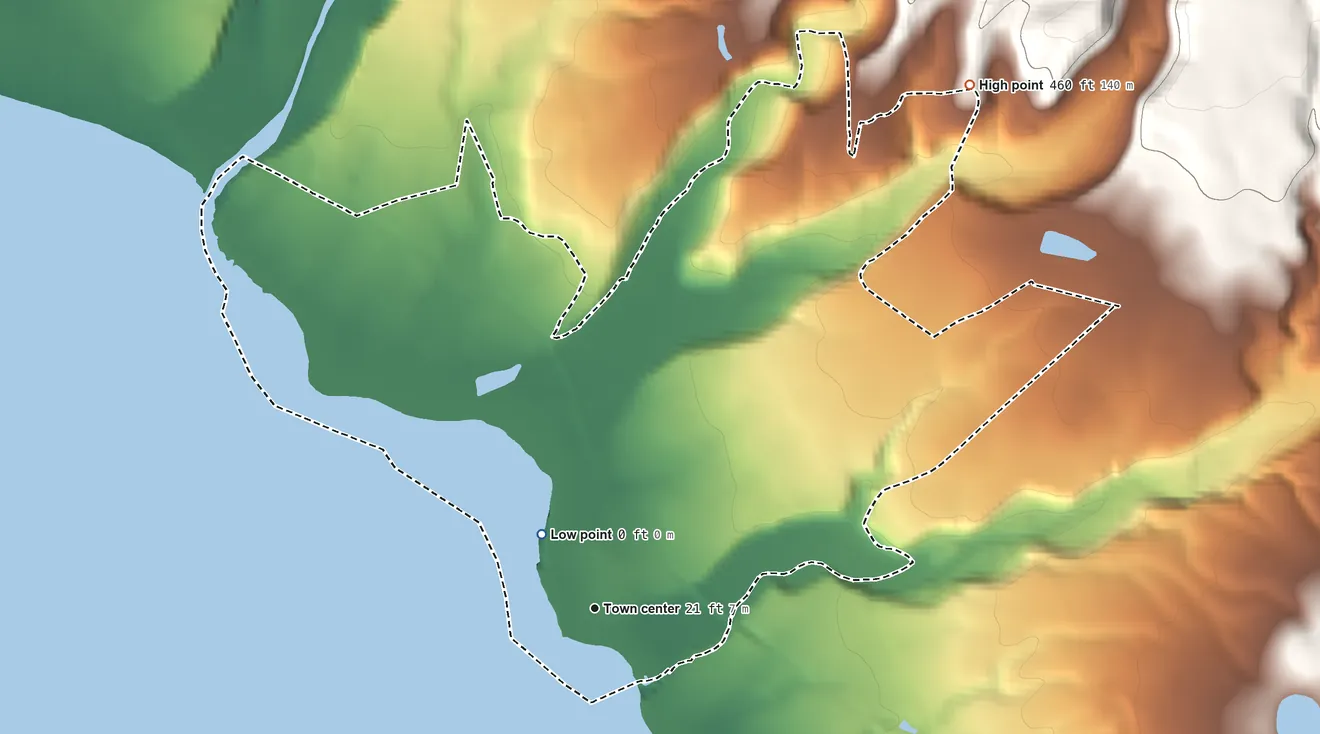 Topographic elevation map of Pakala Village, Hawaii, shaded from sea level level on Hoanuanu Bay to 460 ft on the northeast edge, below higher ground just outside