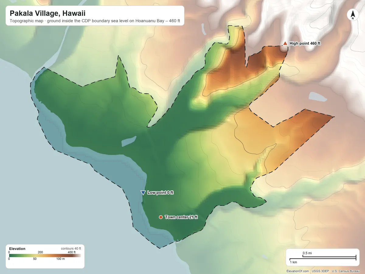 Topographic elevation map of Pakala Village, Hawaii, shaded from sea level level on Hoanuanu Bay to 460 ft on the northeast edge, below higher ground just outside