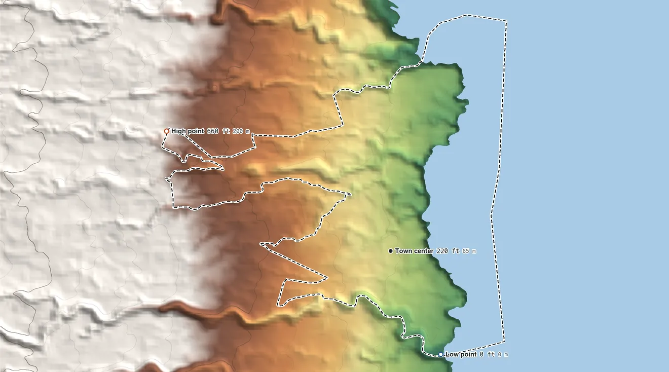 Topographic elevation map of Papaikou, Hawaii, shaded from sea level level on the Pacific Ocean to 660 ft on the northwest edge, below higher ground just outside