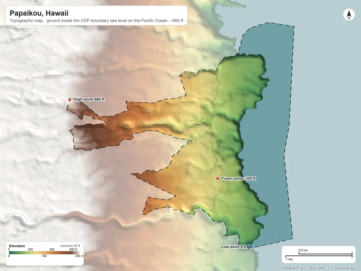 Topographic elevation map of Papaikou, Hawaii, shaded from sea level level on the Pacific Ocean to 660 ft on the northwest edge, below higher ground just outside