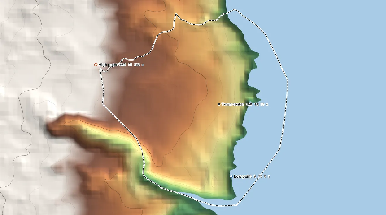 Topographic elevation map of Paukaa, Hawaii, shaded from sea level level on the Pacific Ocean to 330 ft on the west edge, below higher ground just outside