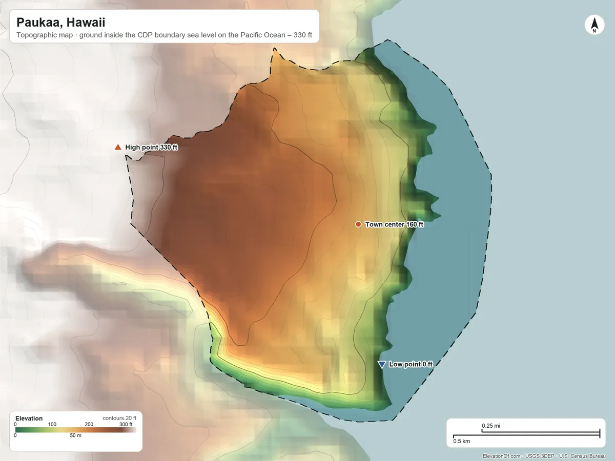 Topographic elevation map of Paukaa, Hawaii, shaded from sea level level on the Pacific Ocean to 330 ft on the west edge, below higher ground just outside