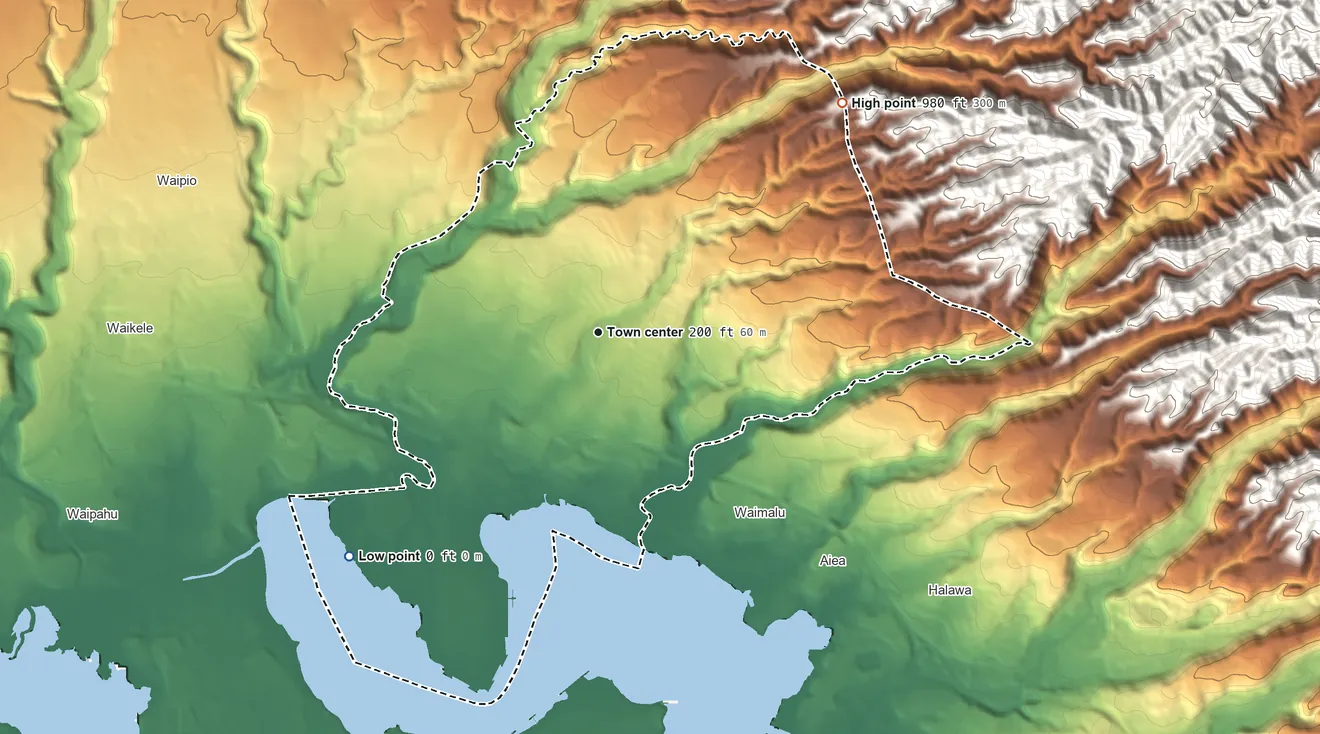 Topographic elevation map of Pearl City, Hawaii, shaded from sea level level on West Loch Pearl Harbor to 980 ft at the foot of the Koʻolau Range