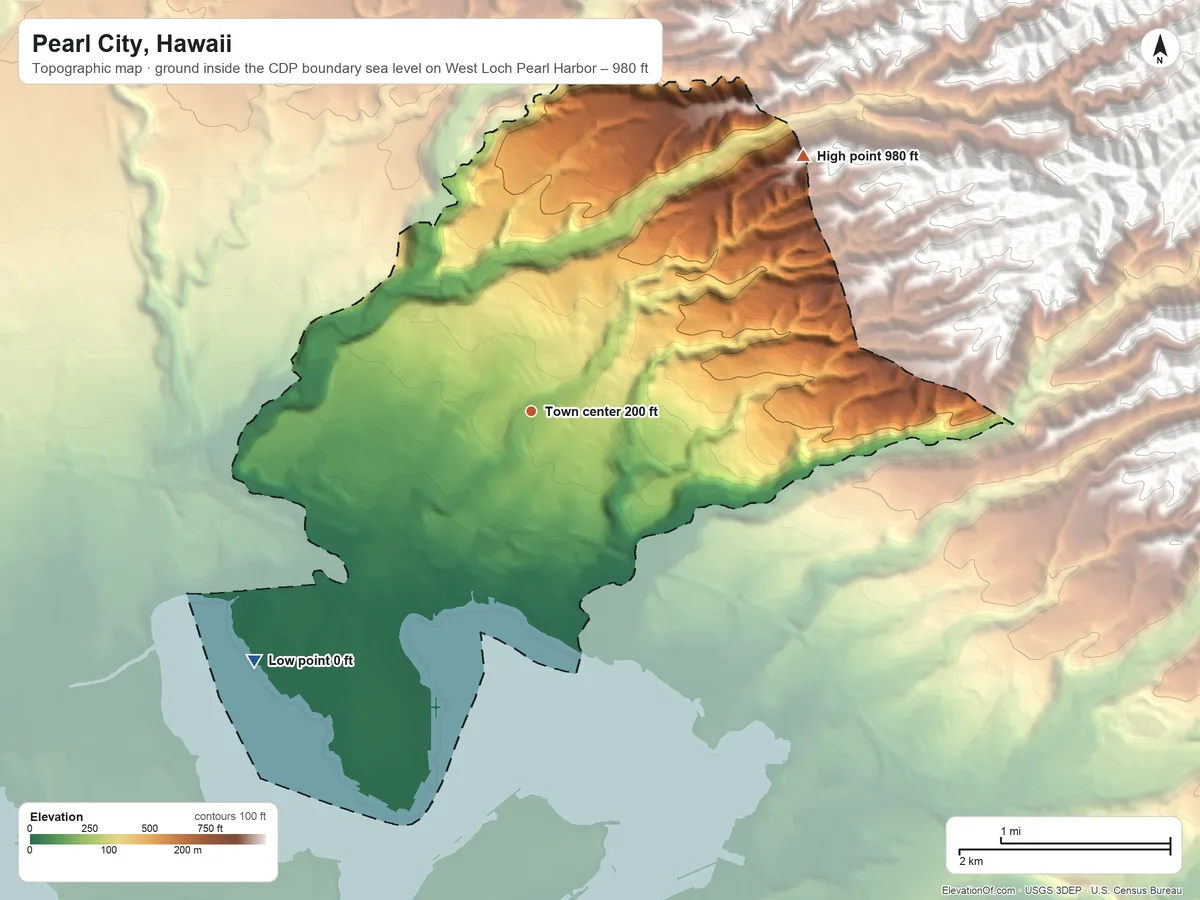 Topographic elevation map of Pearl City, Hawaii, shaded from sea level level on West Loch Pearl Harbor to 980 ft at the foot of the Koʻolau Range