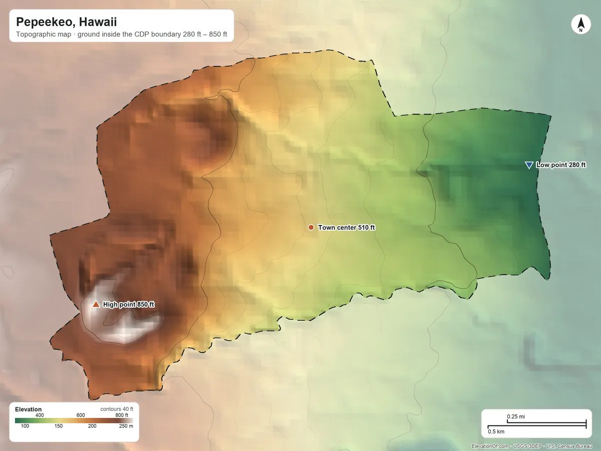 Topographic elevation map of Pepeekeo, Hawaii, shaded from 280 ft on the east side to 850 ft on Kānoa
