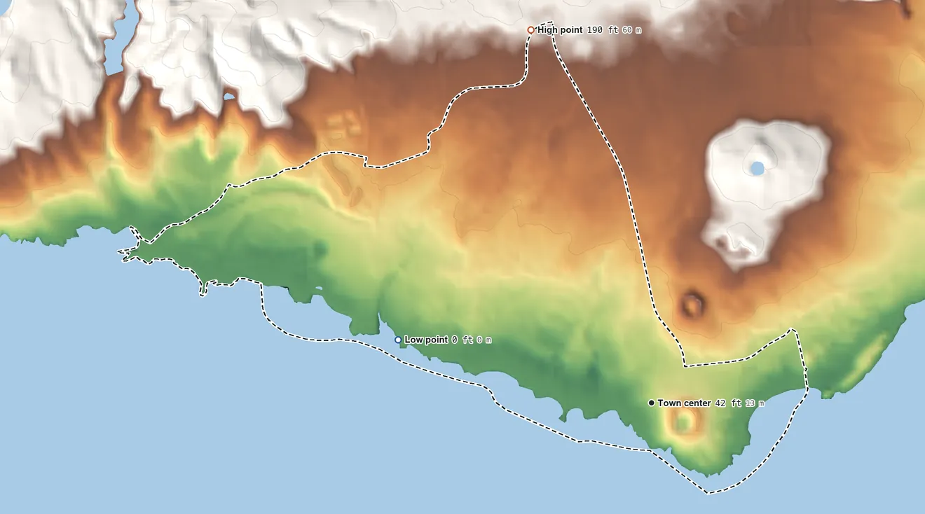 Topographic elevation map of Poipu, Hawaii, shaded from sea level level on the Pacific Ocean to 190 ft at the foot of the Makaleha Mountains