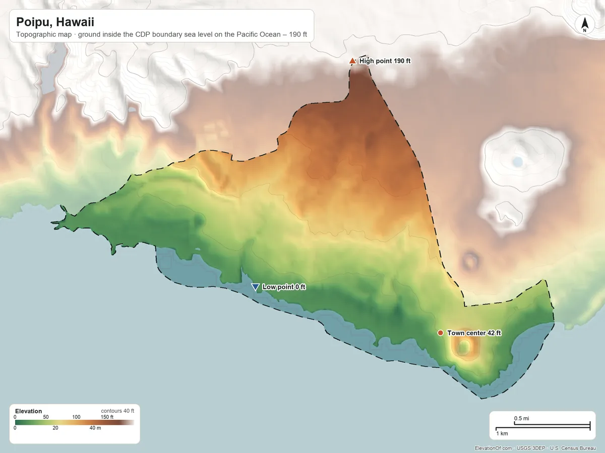 Topographic elevation map of Poipu, Hawaii, shaded from sea level level on the Pacific Ocean to 190 ft at the foot of the Makaleha Mountains