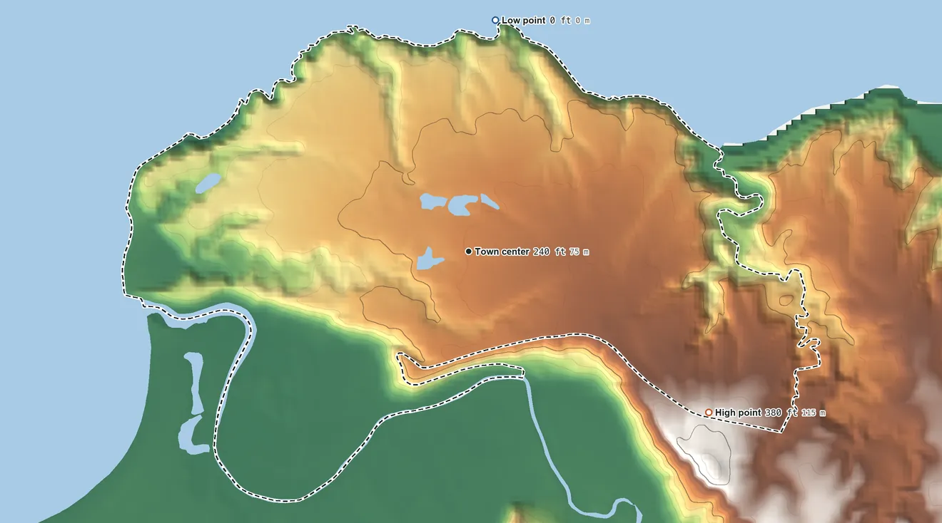 Topographic elevation map of Princeville, Hawaii, shaded from sea level level on the Pacific Ocean to 380 ft at the foot of the Makaleha Mountains