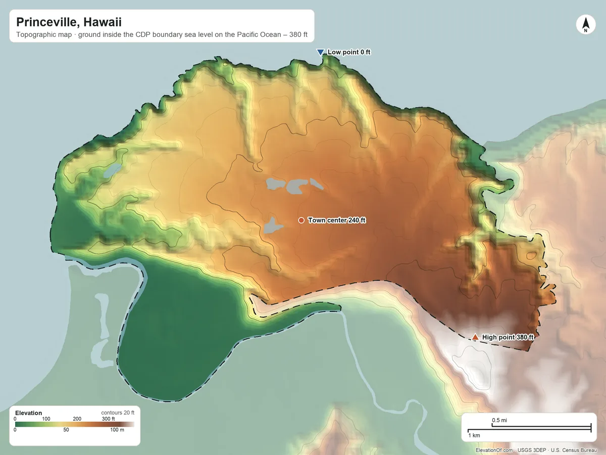 Topographic elevation map of Princeville, Hawaii, shaded from sea level level on the Pacific Ocean to 380 ft at the foot of the Makaleha Mountains