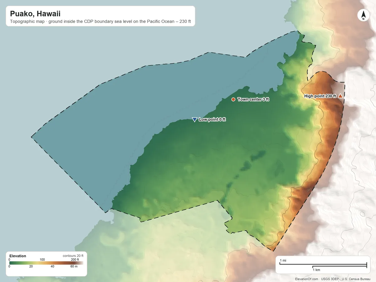 Topographic elevation map of Puako, Hawaii, shaded from sea level level on the Pacific Ocean to 230 ft at the foot of the Kohala Mountains