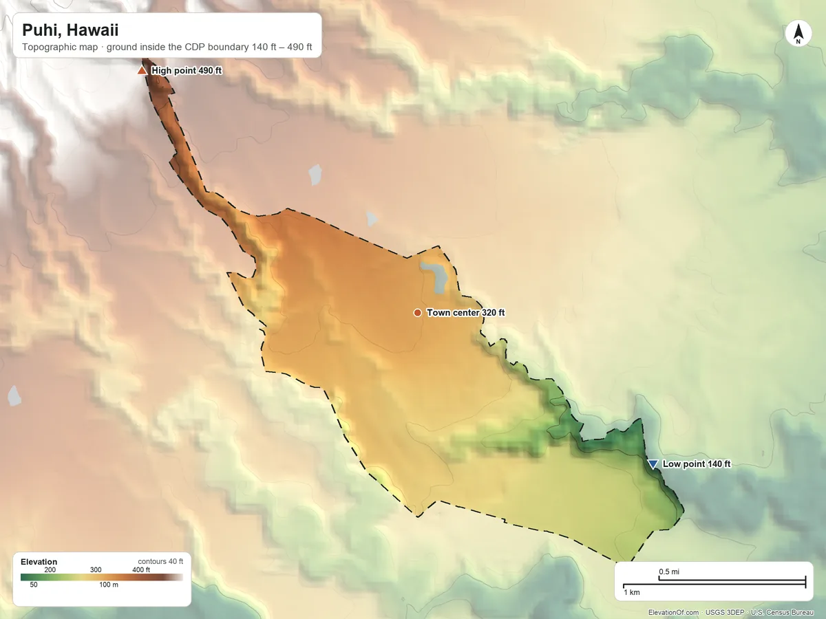 Topographic elevation map of Puhi, Hawaii, shaded from 140 ft on the southeast side to 490 ft at the foot of the Makaleha Mountains