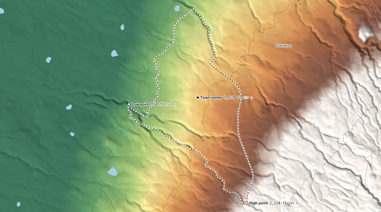 Topographic elevation map of Pukalani, Hawaii, shaded from 850 ft on the west side to 2,120 ft at the foot of the Lualaʻilua Hills