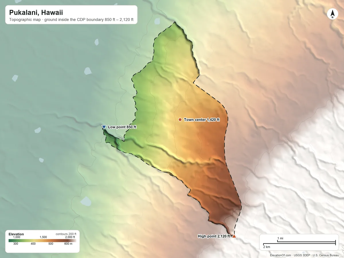 Topographic elevation map of Pukalani, Hawaii, shaded from 850 ft on the west side to 2,120 ft at the foot of the Lualaʻilua Hills