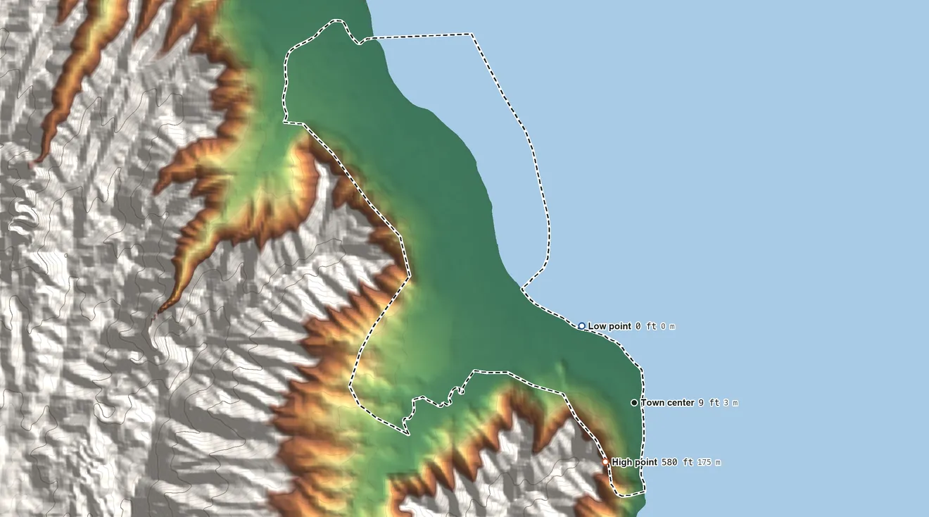 Topographic elevation map of Punaluu, Hawaii, shaded from sea level level on the Pacific Ocean to 580 ft at the foot of the Oneawa Hills