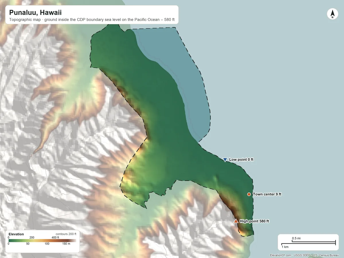 Topographic elevation map of Punaluu, Hawaii, shaded from sea level level on the Pacific Ocean to 580 ft at the foot of the Oneawa Hills