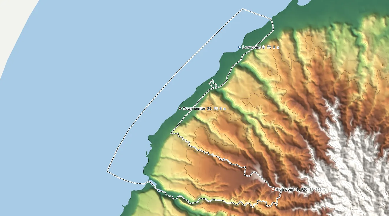 Topographic elevation map of Pupukea, Hawaii, shaded from sea level level on the Pacific Ocean to 1,020 ft at the foot of the Waiʻanae Range