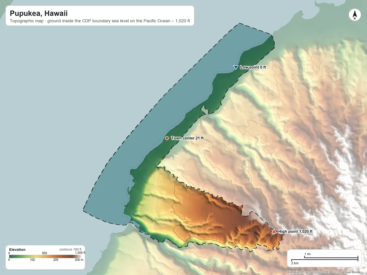 Topographic elevation map of Pupukea, Hawaii, shaded from sea level level on the Pacific Ocean to 1,020 ft at the foot of the Waiʻanae Range