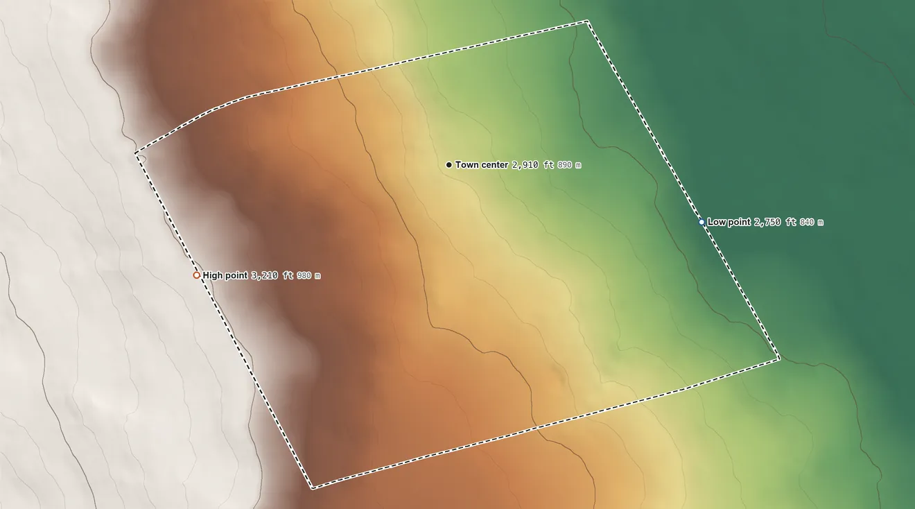 Topographic elevation map of Royal Hawaiian Estates, Hawaii, shaded from 2,750 ft on the east side to 3,210 ft at the foot of the Kamakaiʻa Hills