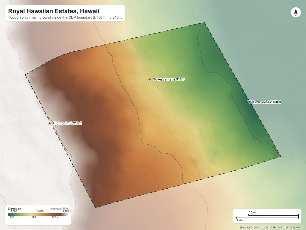 Topographic elevation map of Royal Hawaiian Estates, Hawaii, shaded from 2,750 ft on the east side to 3,210 ft at the foot of the Kamakaiʻa Hills