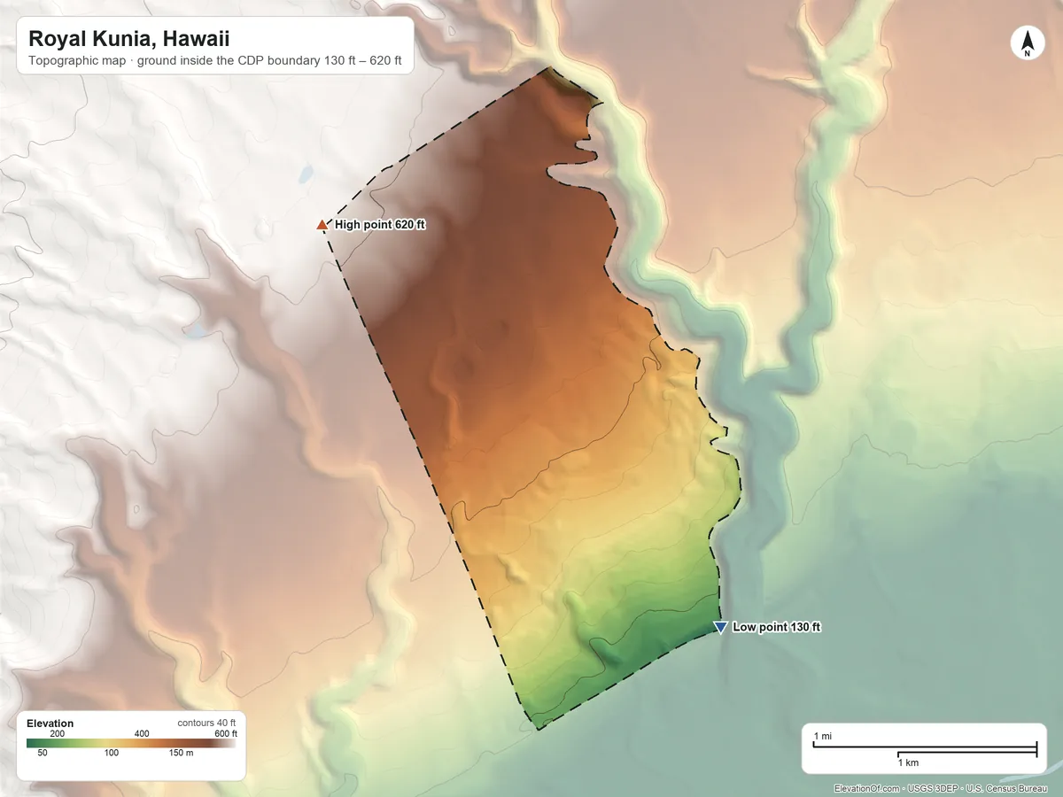 Topographic elevation map of Royal Kunia, Hawaii, shaded from 130 ft on the southeast side to 620 ft at the foot of the Waiʻanae Range