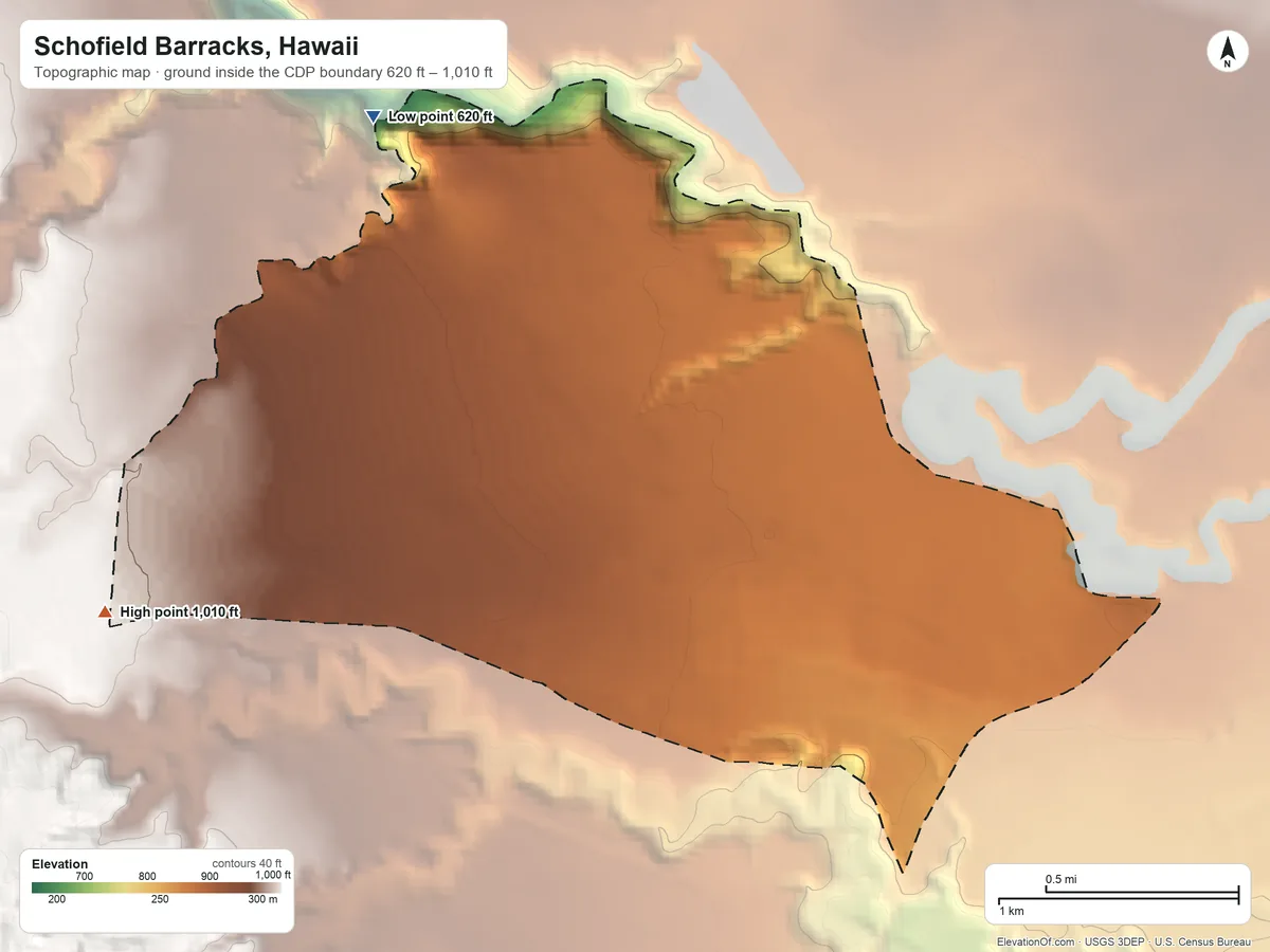 Topographic elevation map of Schofield Barracks, Hawaii, shaded from 620 ft on the northwest side to 1,010 ft at the foot of the Waiʻanae Range