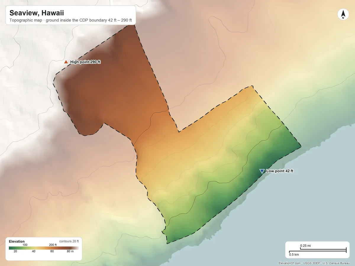 Topographic elevation map of Seaview, Hawaii, shaded from 42 ft on the southeast side to 290 ft on the northwest edge, below higher ground just outside